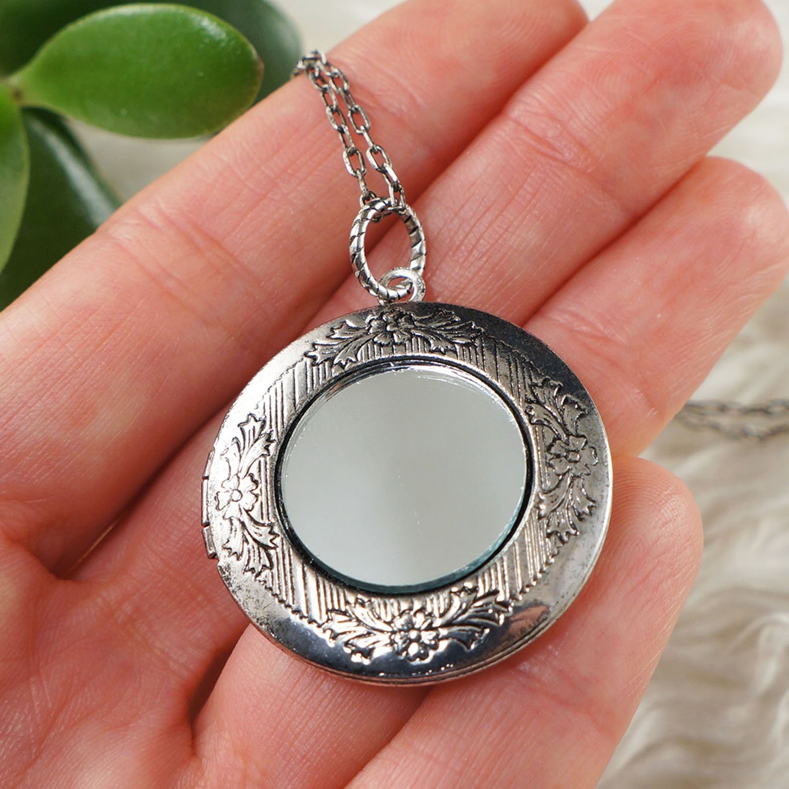Evil Eye Mirror Charm Locket Pendant Necklace Round Silver Etsy