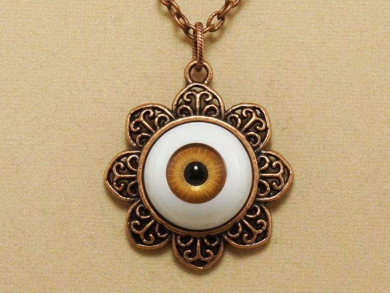 Evil Eye Necklace Amber Brown Human Eye Witch Amulet Round Burnt Orange White Copper Flower Charm Pendant Necklace Women Girl Jewelry 5028