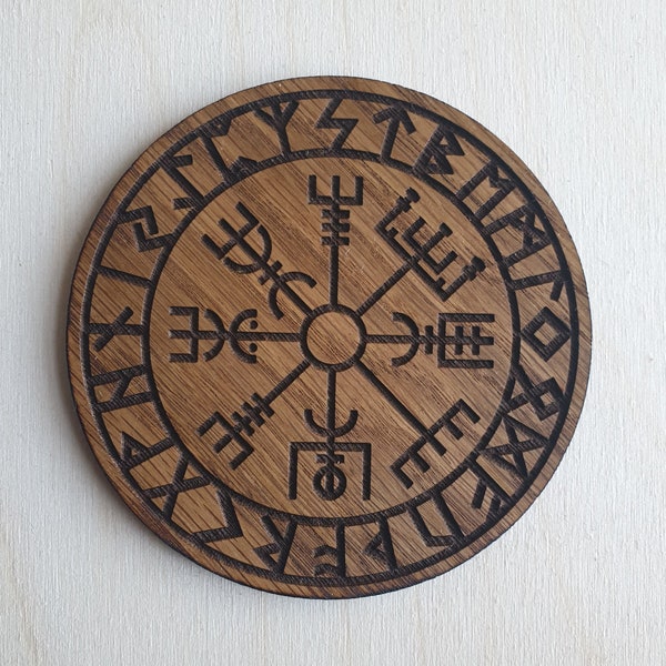 Wooden Viking Vegvisir Compass Rune Coaster Oak