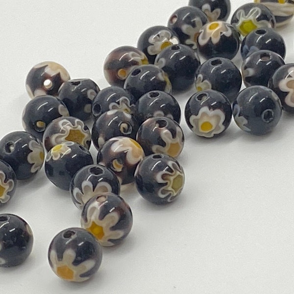 5mm Round Millefiori Flower Glass Beads, Black Yellow Blue Red White, African Trade Beads, Layered Chevron, Rendezvous Bead, 100 count