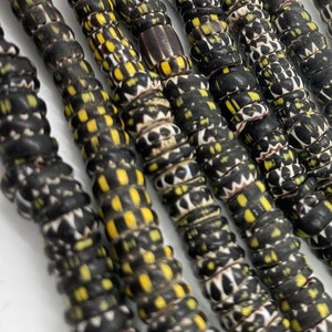 Antique Venetian Black, White, and Yellow Pressed Chevron African Trade Beads Strand Aja Beads Round Edges Rare Find History Beads, Handmade