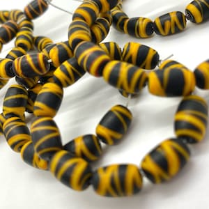 Vintage Venetian Black and Yellow French Cross Trade Beads, Striped Barrel, Lampwork beads, Wound beads, 10mm beads, Glass Handmade Beads
