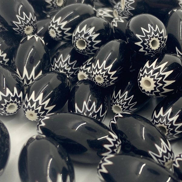 5 Medium Black and White Glass Chevron Beads Six Layers African Trade Bead Modern 24mm Oval 5 beads