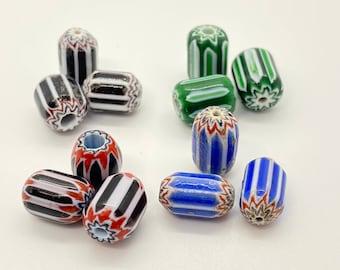 20 Venetian Chevron Glass Beads, African Trade Beads, 6 Layers, Layered, 10mm, Oval, Striped, Black, Blue, Green, White, Vintage Beads,