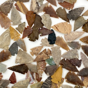 May include: A collection of arrowheads in various shades of brown, gray, and green. The arrowheads are made of stone and have a variety of shapes and sizes.