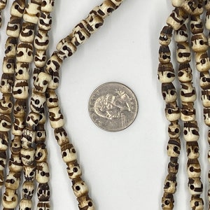 May include: A strand of white and brown skull beads with a carved design. The beads are approximately the size of a US quarter.