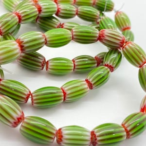 14 Small Green, Red and White Glass Chevron Beads Six Layers African Trade Bead Modern 12mm Oval 14 beads