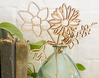 Wooden Birth Month Flower Bouquet. Birth Flowers. Mother's Day Gift. Gift For Mom. Wood Flower Cutouts. Build your own bouquet.