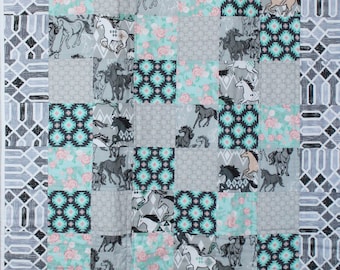 Southwestern Horse and Rose Flannel Baby Quilt, Native Aztec Blanket, Wild Horses Filly Colt Quilt, Toddler Flannel Blanket, Wild West Throw