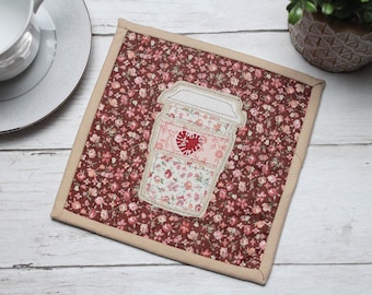 Coffee Lovers Mug Rug, Heart Coffee Cup, Coffee Mug Fabric Coaster, Floral Farmhouse Decor, Table Coasters For Coffee, Coffee Lovers Gift