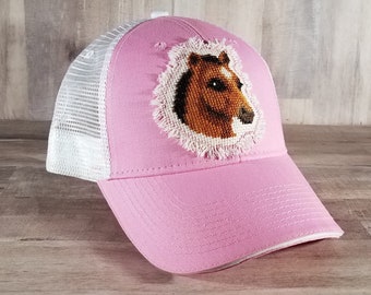 Pink Horse Baseball Cap, Horse Trucker Hat, Cross Stitched Embroidered Ruffled Edges, Gifts for Horse Girls, Gifts for Horse Lovers, Bay