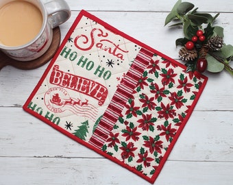 Santa Claus Distressed Quilted Mug Rug, Believe In Santa, Red Poinsettia Mini Placemat, Vintage Truck, Farmhouse Christmas Kitchen Decor