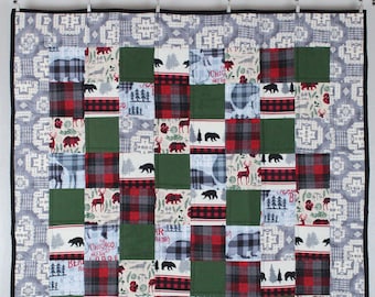 Cabin Baby Blanket, Bear Quilt, Deer, Doe, Into The Woods Nursery Décor, Lodge, Woodland Animals, Hunting, Boy Gifts, Boy Nursery, Forrest