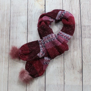 Red Womens Knitted Scarf, Large Cottagecore Scarf, Valentines Gifts For Her, Warm Winter Pink Pom Pom Scarf, One Of A Kind, Handknit Scarf