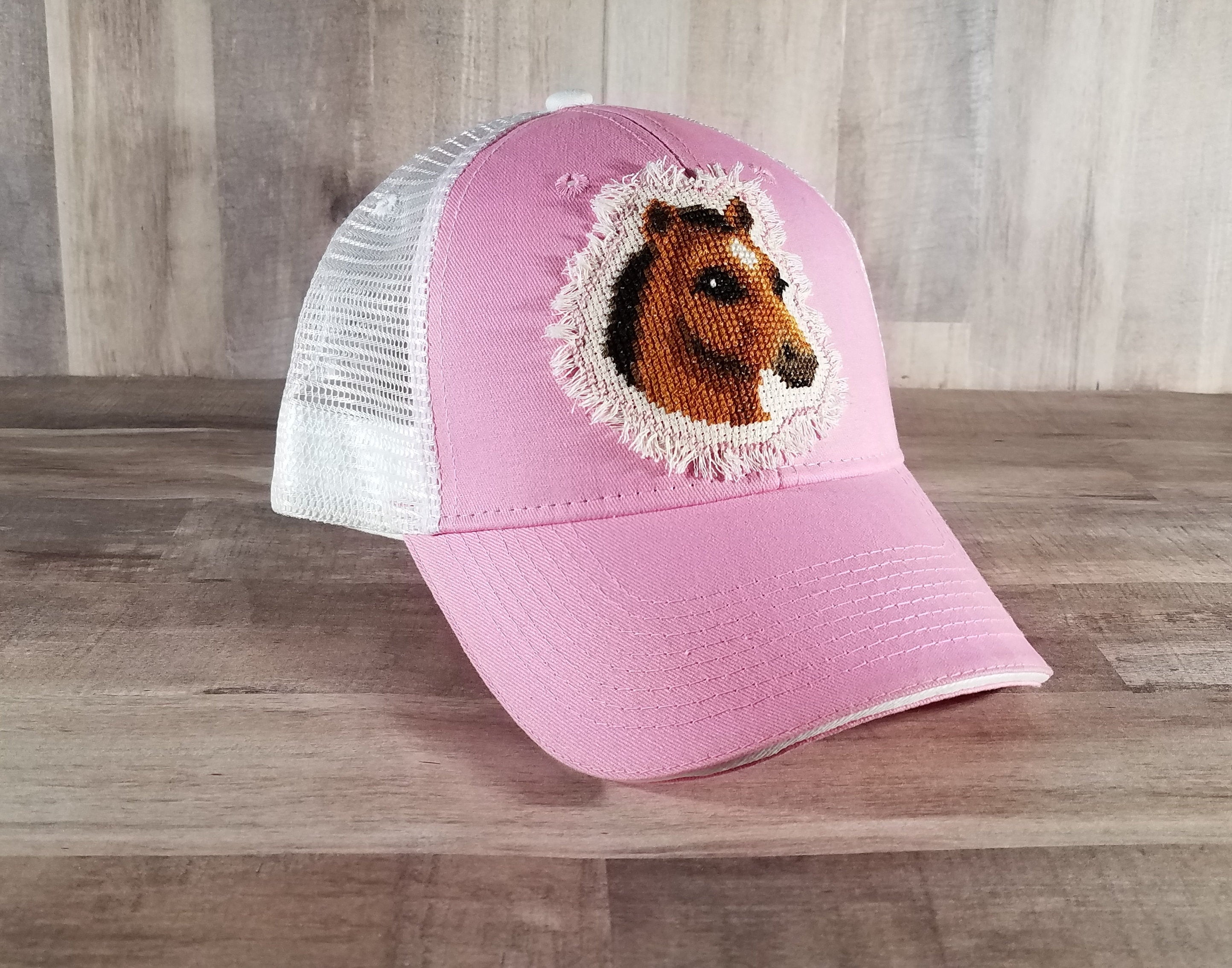Women\'s Embroidered Horses Baseball Hat Barn Cap for Horse Lovers Cotton Twill Pink Horse Baseball Cap, Horse Trucker Hat, Cross Stitched  main image 3