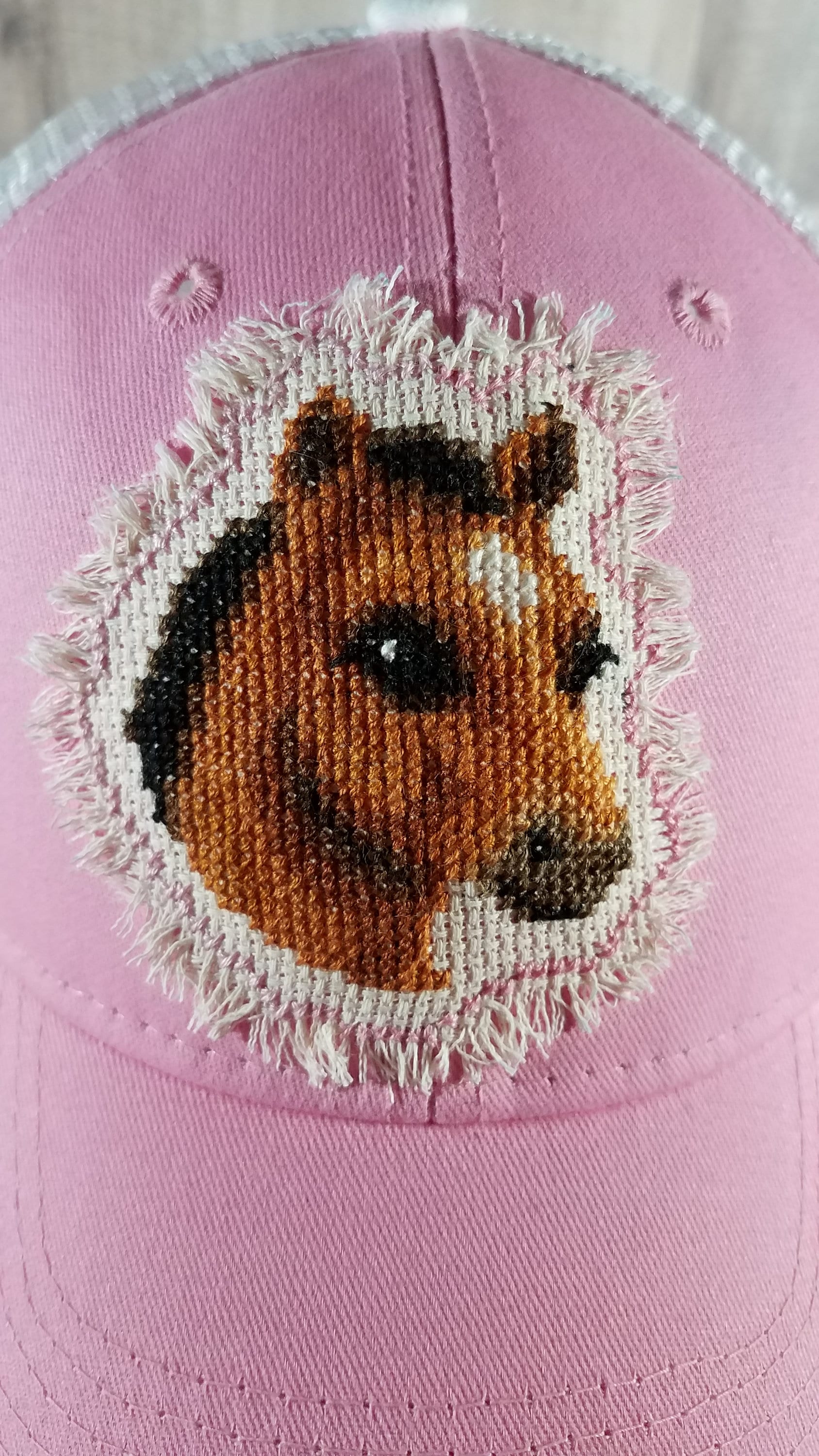 Pink Horse Baseball Cap, Horse Trucker Hat, Cross Stitched 