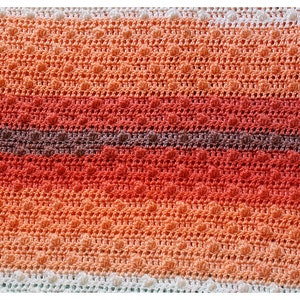 May include: A crocheted blanket with a textured pattern in shades of orange, red, and brown. The blanket has a white border.