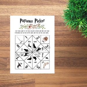 May include: A black and white origami fortune teller with the words "Patronus Picker" at the top. The fortune teller has eight sections with different Patronus animals, including a stag, wolf, horse, phoenix, doe, cat, otter, and owl.