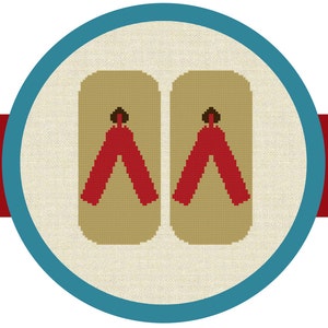 May include: A pair of traditional Japanese sandals, known as geta, with a beige wooden base and red straps. The sandals are depicted in a circular frame with a blue border.