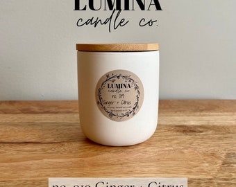 Ginger + Citrus // 10 oz // ceramic jar with bamboo lid // Clean Burning Soy Candle