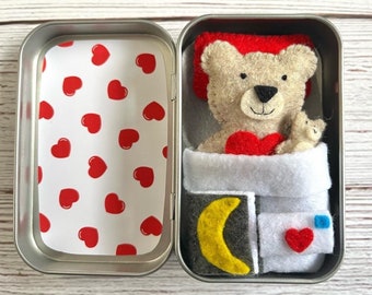 Plush Reversible Felt Teddy Bear in Altoid Tin with Heart Envelope, Mini Teddy Bear, Bed, Pillow, and Bedtime Book