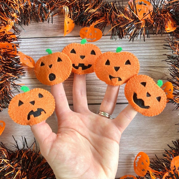 5 Five Little Pumpkins Halloween Felt Finger Puppets, Jack O' Lanterns, Set of 5