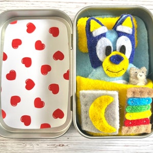 Plush Reversible Felt Bluey-Inspired Altoid Tin Play Set with Teddy Bear, Magic Xylophone, Bed, and Book