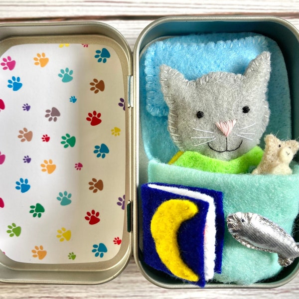 Plush Reversible Felt Kitty Cat in Altoid Tin with Plush Fish, Teddy Bear, Bed, and Book