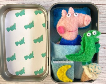 Plush Reversible Felt George Pig-Inspired Altoid Tin Play Set with Dinosaur, Ice Cream Cone, Bed, and Book