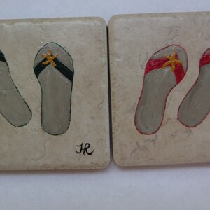 Coaster Tiles Two Flip Flops with Starfish deco, Hand Painted Set of 2 , 4x4&quot; Italian Porcelain,One of a kind, Usable Art By Helen Rosenhaft