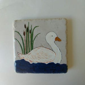 White Swan/Tile coaster ,Approx. 3 3/4&quot; Square, Hand Painted Italian Porcelain Tile, Unique colorful usable art,display, by Helen Rosenhaft