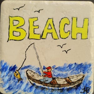 Hand Painted Beach Scene Tile Coaster: Italian Porcelain Art (4x4)