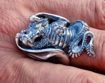 Sleeping dragon ring #2, silver statement ring, mythical creature