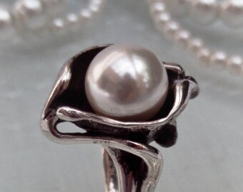 Art Nouveau Inspired Pearl ring I. - Sterling Silver - Free Shipping