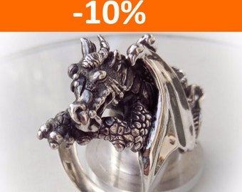 Sleeping Dragon ring - Sterling Silver - Free Shipping - 10 % SPRING DISCOUNT