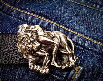 Belt Buckle - Lion & Woman - Sterling Silver - Free Shipping