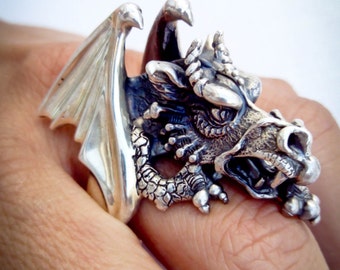 Winged Dragon ring -Sterling Silver - Free Shipping