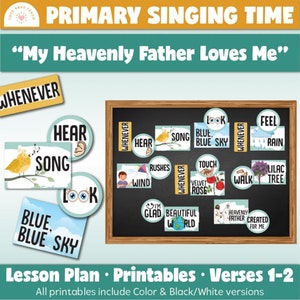 Puede incluir: Un conjunto de tarjetas imprimibles coloridas con imágenes y palabras para una canción infantil sobre un Padre Celestial. Las tarjetas incluyen palabras como "canción", "oír", "mirar", "sentir", "tocar", "caminar", "azul", "cielo", "lluvia", "arroyos", "viento", "terciopelo", "rosa", "lila", "árbol", "alegre", "hermoso", "mundo", "celestial", "padre", "creado", "para", "mí", y "siempre".
