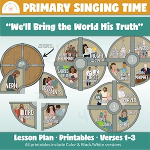 以下が含まれることがあります： 福音を分かち合うさまざまな側面をそれぞれ描いた8つのセクションに分かれたカラフルな車輪。車輪の中央には、子供たちが持つことができる空白の盾があります。車輪の上部には「We'll Bring the World His Truth」というテキストがあります。車輪の下部には「Lesson Plan Printables Verses 1-3」というテキストがあります。車輪の下部のテキストの下には「All printables include Color & Black/White versions」というテキストがあります。