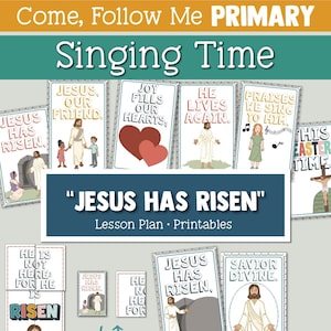 May include: A printable set of colorful cards with illustrations and text related to the Easter story. The cards feature images of Jesus, a tomb, and other religious symbols. The text includes phrases like "Jesus Has Risen" and "Savior Divine".