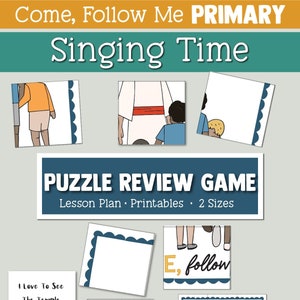 May include: A colorful puzzle review game for primary children. The puzzle pieces feature illustrations of Jesus and children, with the words "Come, Follow Me" and "I Love To See The Temple CSB, 95".