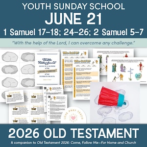 May include: A collection of Sunday school materials with the text "YOUTH SUNDAY SCHOOL JUNE 21" and Bible references. Includes worksheets, illustrations, and a red and blue cup. The theme is "2026 OLD TESTAMENT".