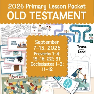以下が含まれることがあります： 2026年旧約聖書の初等科レッスンパケット。2026年9月7日から13日までの教材が含まれています。ゲームボード、塗り絵、アクティビティカード、パズルなどが含まれており、Trust in the Lordなどのテキストが記載されています。
