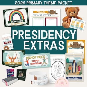 May include: A collection of primary theme packets and extras, including a teddy bear, cards, and stationery. The packets feature text such as "We Miss You in Primary," "Bishop Buck Happy Birthday," and "I can follow Jesus Christ."