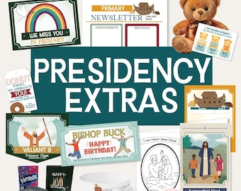 May include: A collection of primary theme packets and extras, including a teddy bear, cards, and stationery. The packets feature text such as "We Miss You in Primary," "Bishop Buck Happy Birthday," and "I can follow Jesus Christ."