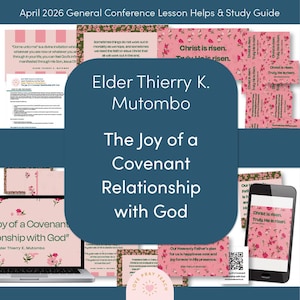 Op de afbeelding: Een digitale studiegidsset voor de algemene conferentie van april 2026 met de tekst Elder Thierry K. Mutombo The Joy of a Covenant Relationship with God. De collectie bevat roze pagina's met bloemenprint, citaatkaarten en een QR-code.