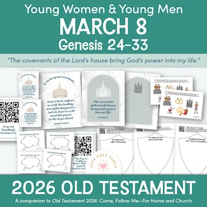 以下が含まれることがあります： 3月8日付けの、若い女性と若い男性向けの印刷物コレクション。テーマは創世記24-33。様々なカード、吹き出し、QRコードが含まれており、すべて旧約聖書に関連しています。