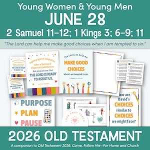 Peut inclure: Un graphique turquoise avec le texte "Young Women & Young Men JUNE 28" et des références bibliques. Plusieurs cartes avec du texte comme "The Lord can help me make good choices" et "2026 OLD TESTAMENT" sont également visibles.