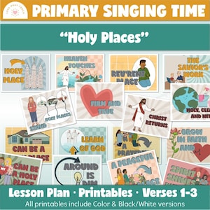 May include: A collection of colorful lesson plan printables with the theme "Holy Places." The printables include various illustrations and text, such as "Holy Place," "Heaven Touches," and "Christ Returns." The text at the bottom reads "Lesson Plan • Printables • Verses 1-3."