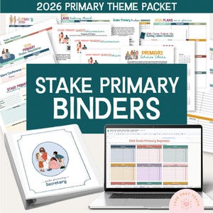 Puede incluir: Imagen de paquetes y carpetas temáticas primarias. Presenta una carpeta blanca con un dibujo de Jesús y niños, un portátil con una hoja de cálculo y documentos impresos con texto como "2026 Primary Theme Packet".